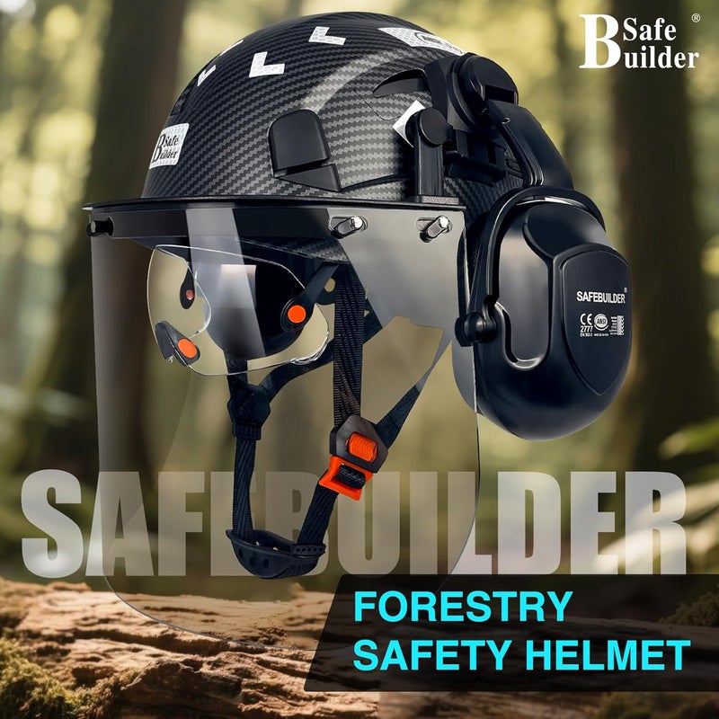 SAFEBUILDER خوذة أمان الغابات مع درع وجه شبكي مدمج وسماعات أذن 4 في 1 خوذات أمان منشار السلسلة - Image 2